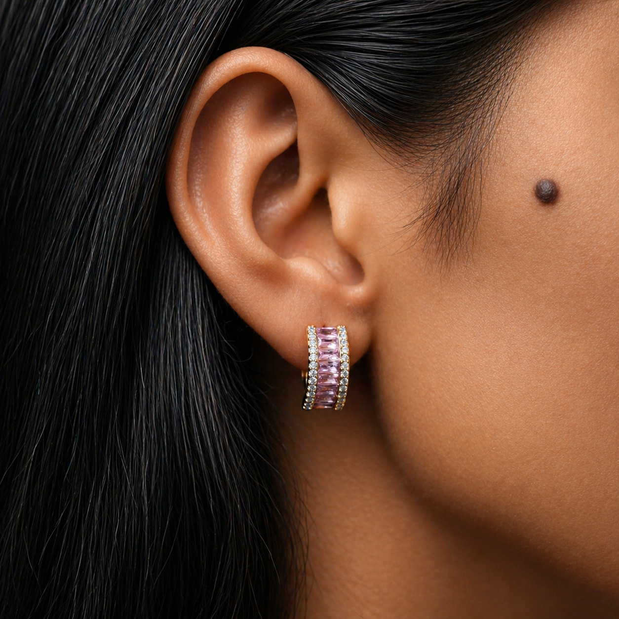 Aureline Baguette Crystal Gold-Plated Bali Earrings — Rose Pink