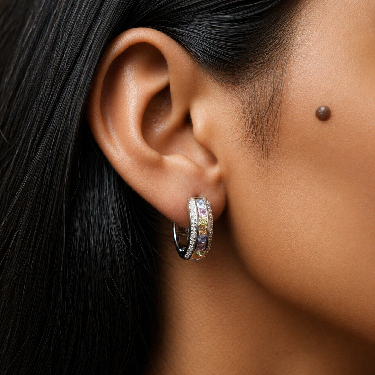Prismé Rainbow Crystal Rhodium-Plated Bali Earrings
