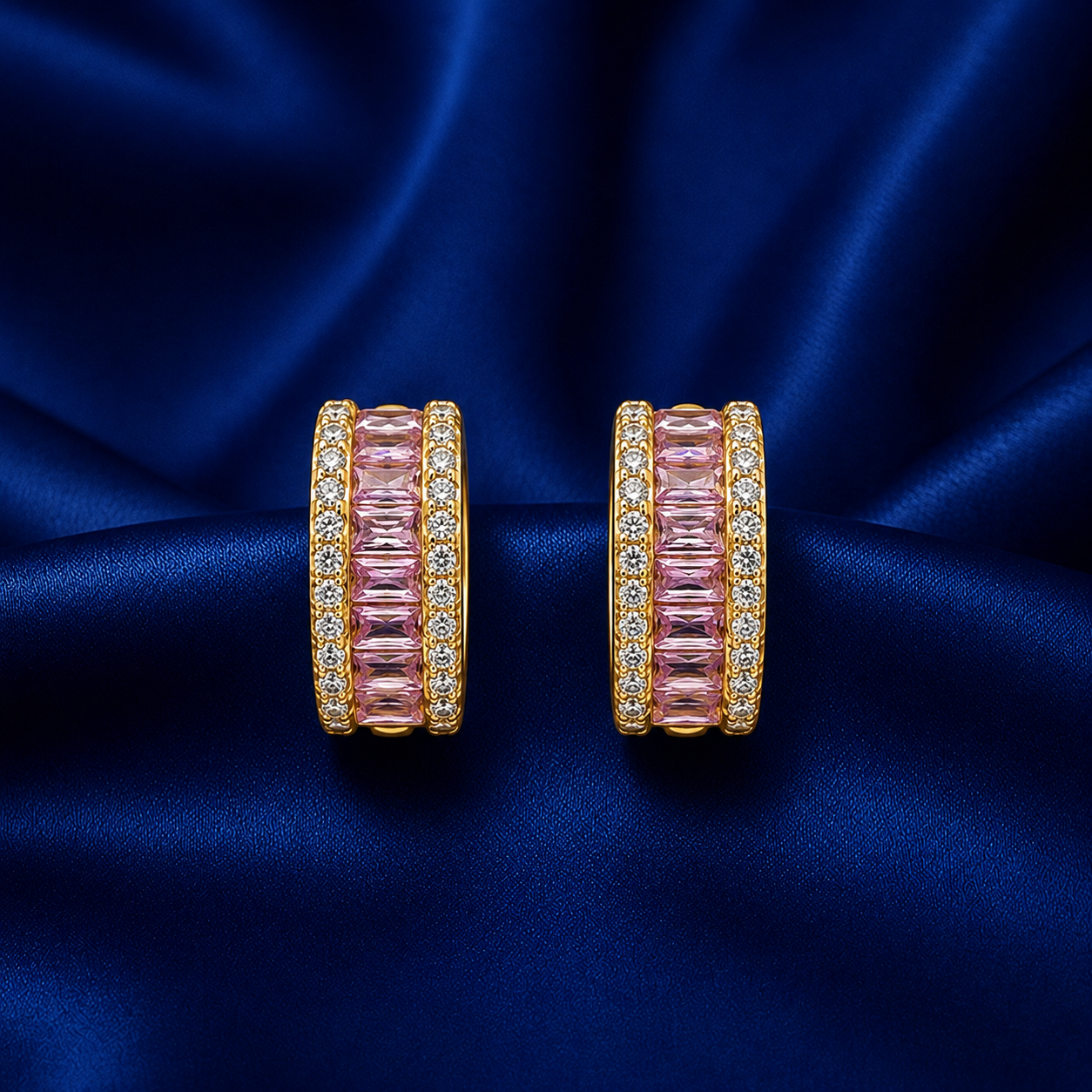 Aureline Baguette Crystal Gold-Plated Bali Earrings — Rose Pink