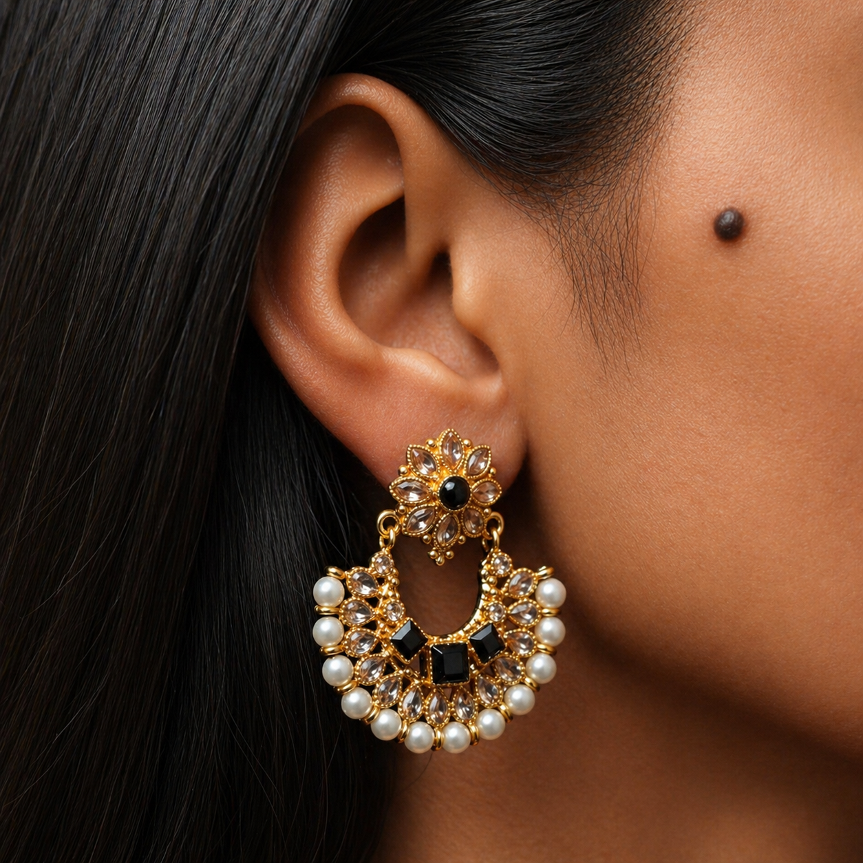 Chandbali Pearl Gold-Plated Earrings — Noir